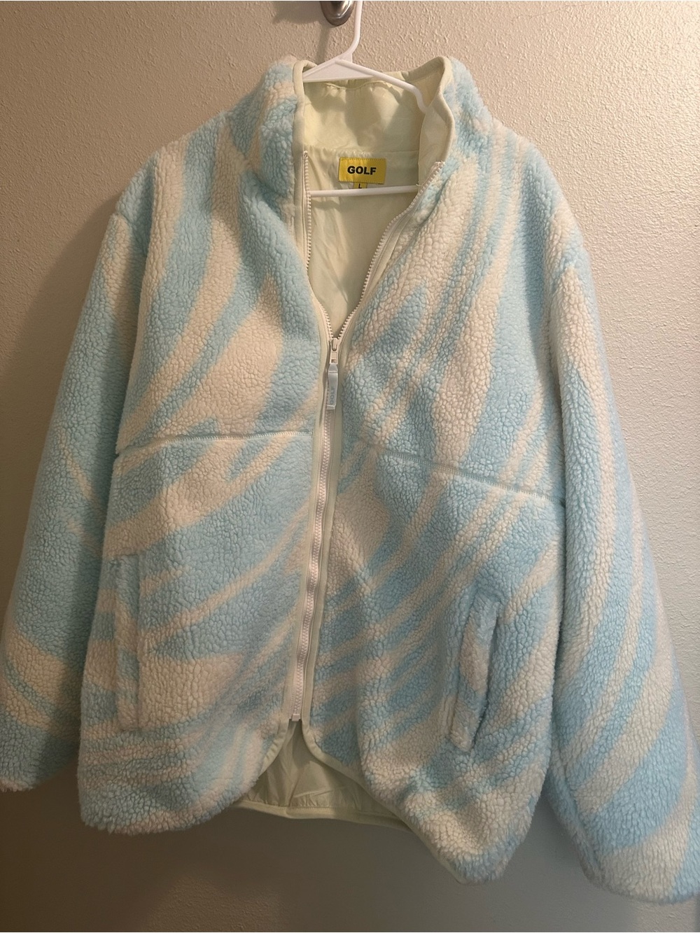 Golf Wang men’s Melted Sherpa Zip-Up Jacket in Blue & Cream swirl